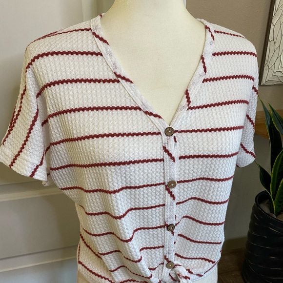 Paper Crane Button Down Front Tie Stripe Shirt - Picture 4 of 10